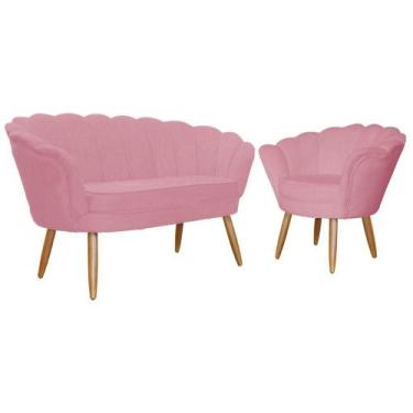 Imagem de Kit Namoradeira + 1 Poltrona Decorativa Pétala Suede Rosa Pés Madeira 