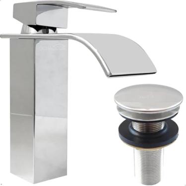 Imagem de Dona D Cor, Torneira Banheiro Cascata Bica Baixa Cromada E Valvula Click 7/8 Inox Kit Monocomando Ralo Pia 30mm