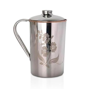 Imagem de 2actielife Jarro de água ayurvédico de cobre e aço inoxidável | Cobre puro por dentro, aço inoxidável durável por fora | Jarra de design floral de 1,5 L para saúde e bem-estar