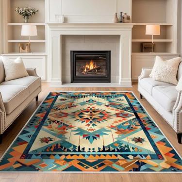 Imagem de Tapete de área, 12 x 18 cm, geométrico, asteca, tribal, sudoeste, laranja, azul, antiderrapante, tapete lavável à máquina, para sala de estar, quarto, sala de jantar