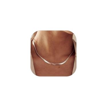 Imagem de ChainsHouse Colar feminino de corrente de cobra plana com espinha de peixe, aço inoxidável/ouro rosa/banhado a ouro 18K, delicadamente ajustável, curto em camadas, 30,5 cm/38,1 cm/45,7 cm com extensor