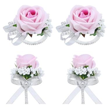 Imagem de Vkkperp Conjunto de 4 peças de corpete rosa claro e flor na lapela, pulseiras de corsage de pulso rosa artificial, flor na lapela masculina para decorações de casamento, formatura, aniversário