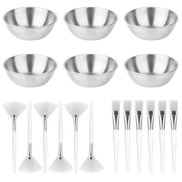 Imagem de Conjunto de 18 Artigos para Esteticista, Incluindo 6 Taças 6 Pincéis Leque e 6 Pincéis Planos Conjunto Mistura Máscara Facial para Uso Doméstico em Spa de Beleza (Prata)
