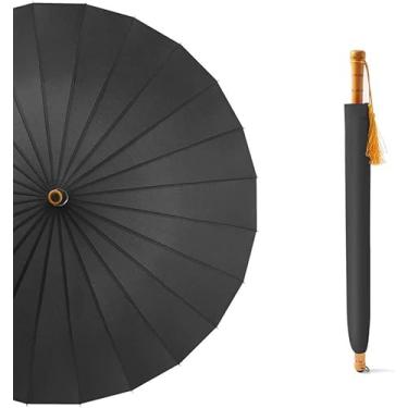 Imagem de Guarda-chuvas Stick Umbrellas Windproof Grande Rain Umbrella, 24 Ribs De Fibra De Vidro à Prova De Vento, Retro Guarda-chuva De Madeira Hdle Longo Reto, Guarda-sol Confortável E Requ, Black