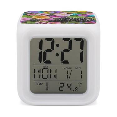 Imagem de RTFGHJS Despertador de flores e amoras colorido despertador pequeno visor LED despertador digital relógio compacto relógio eletrônico para quartos cabeceira mesa prateleira tamanho único