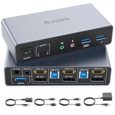 Imagem de SUIDEK Interruptor HDMI Displayport KVM, 2 computadores 2 monitores 4K @60Hz KVM Switcher monitor duplo para 2 PC, 3 portas USB 3.0 suportam modo estendido/espelho com controlador de mesa, 2 cabos USB