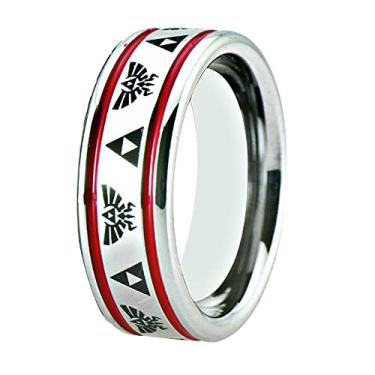 Imagem de CLOUD DANCER Cano prateado de 8 mm de largura com duas linhas finas azul/vermelho/verde, brasão com padrão laser e anel de tungstênio Triforce - gravação personalizada, Metal, Sem pedra preciosa