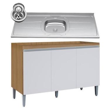Imagem de Balcão de Cozinha com Pia Inox 120cm Manu Amêndoa/Branco - AJL Móveis,