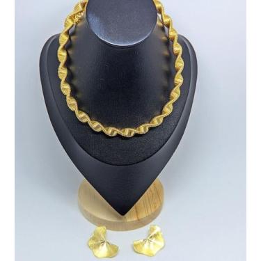 Imagem de Kit Colar e Brincos Antialérgico Feminino Choker torcido Mola elos and