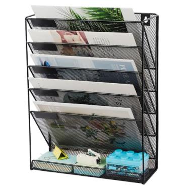 Imagem de EASEPRES Organizador de arquivos de mesa de malha de 6 camadas, suporte de organização de documentos para pendurar na parede, suporte vertical de papel de correio com bandeja inferior para escritório
