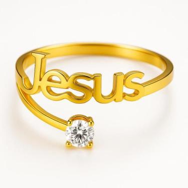 Imagem de Anel Jesus Ouro 18k Banhado Pedra Zircônia Branca Luxo Tradicional Ana