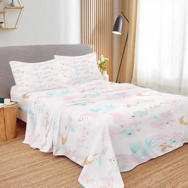 Imagem de Jogo de cama solteiro de unicórnio, estampa de flores de microfibra macia e respirável, 1 lençol com elástico, 1 lençol de cima e 1 fronha