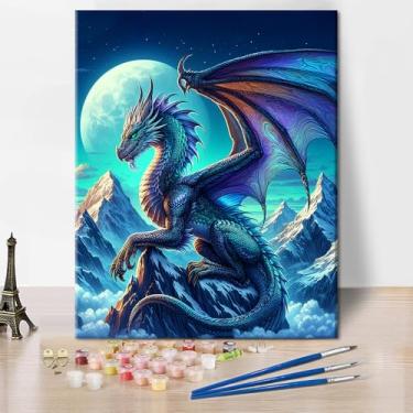 Imagem de TUMOVO Kit de arte DIY Paint by Numbers para adultos fantasia dragão voando sob o luar com telas pré-impressas tintas acrílicas e pincéis para alívio de estresse e decoração de parede 40,6 x 50,8 cm