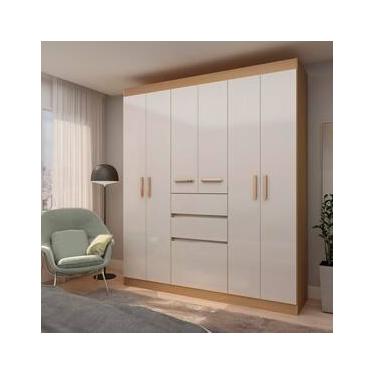 Imagem de Guarda-Roupa Casal Genialflex Berna com 6 Portas, 2 Gavetas, 4 Prateleiras e 172cm de largura - Freijó/White Laca