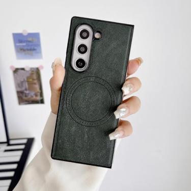Imagem de HJZSZX Para Samsung Galaxy Z Fold6 Capa de telefone magnética de couro de cor sólida de luxo com carregamento sem fio à prova de choque (para Samsung Galaxy Z Fold6/verde)