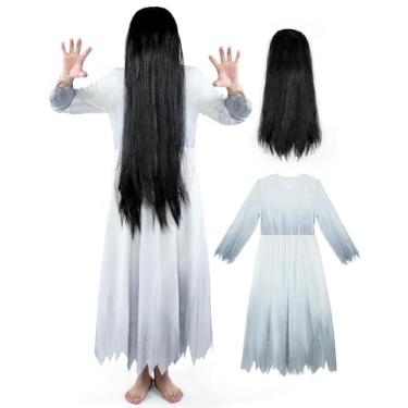 Imagem de PAFIGA Fantasia de fantasma para adultos, vestido vitoriano gótico branco assustador, peruca longa, fantasia de terror para festa de Halloween, cosplay
