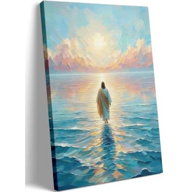 Imagem de Arte de parede Jesus andando sobre a água Histórias da Bíblia Cristã Decoração de Parede Imagens Modernas Impressões de Pôster Religioso para Sala de Estar Quarto Pintura de Igreja 40,6 x 61 cm
