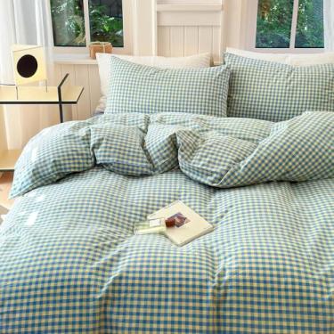 Imagem de Conjunto de capa de edredom xadrez, azul, amarelo, guingão, 100% algodão lavado, reversível, xadrez, multicolorido, com 2 fronhas, conjunto de cama de guingão macio e luxuoso