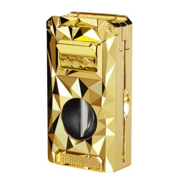 Imagem de Isqueiro triplo 5 em 1 com cortador em V, punção, suporte, realçador de puxar, chamas de jato à prova de vento, butano recarregável (gás butano não incluído) (ouro)