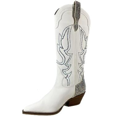 Imagem de ARIDER GIRL Gypsy Bota feminina estilo ocidental com strass bordado e salto de couro empilhado, Prata branca 38 cm, 36