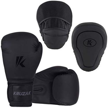 Imagem de Kruzak Conjunto de luvas de boxe preto fosco e luvas de foco para Kickboxing e Muay Thai MMA Training – Kit de fitness com almofadas de perfuração para artes marciais e karatê (preto fosco, 400 ml)