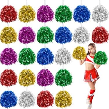 Imagem de 24 pompoms pompons de torcida metálicos com alça de plástico para crianças e adultos, presentes de líder de torcida, torneio esportivo espiritual, festa de torcida, jogo de baile, rally de pep