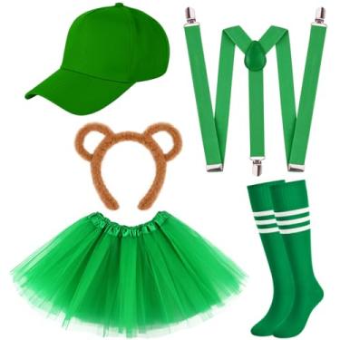 Imagem de Honic 6 peças de orelhas de esquilo, chapéu, óculos, meias até o joelho, suspensórios e vestido tutu para mulheres, festa de Halloween, cosplay (verde)