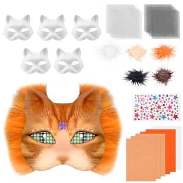 Imagem de DJAPWPX Kit de máscara de gato de papel, aumenta a diversão, kit de máscara faça você mesmo, estimula a criatividade de gato atraente para festas temáticas (laranja)