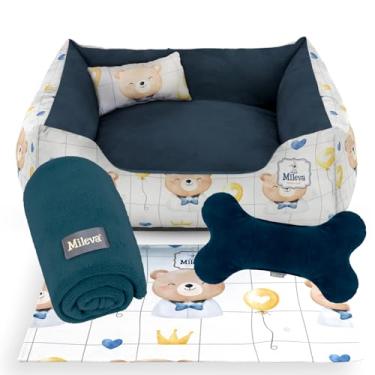 Imagem de Cama Pet Camurça + manta + Brinquedo Ossinho + Tapetinho Estampado 05 Peças - Ursos - Premium 1 (70x70 cm, Ursinho Soninho)