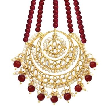 Imagem de Aheli Joias étnicas Kundan & Maroon Beads Studded Passo Jhumar Maangtikka para mulheres
