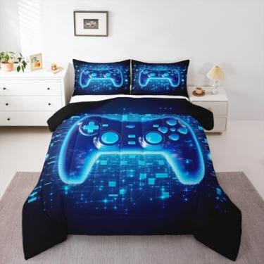 Imagem de Conjunto de edredom para meninos, tamanho solteiro, console de videogame, azul, reversível para quarto de adolescentes, conjunto de edredom acolchoado geométrico abstrato quadrado geométrico com 1