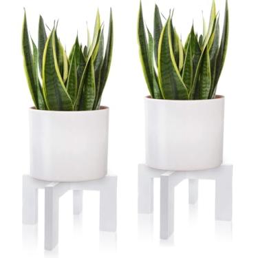 Imagem de Suporte interno para plantas, suporte moderno de madeira de meados do século, suporte de vaso de flores de vime, suportes baixos e curtos para uso interno - Banco de madeira rústico Boho para suporte