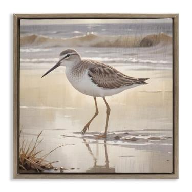 Imagem de Stupell Industries Arte de parede Wading Beach Sandpiper marrom com moldura flutuante, design de Susan Arnot, 45,7 x 45,7 cm