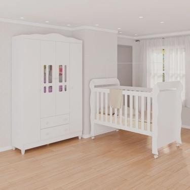 Imagem de Conjunto Quarto Infantil 1 Berço Mini Cama Mirelle 1 Guarda-Roupa de Bebê 4 Portas e 2 Gavetas