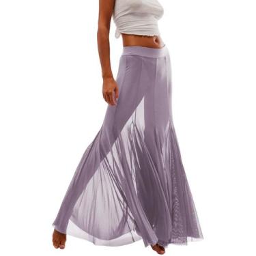 Imagem de Saia maxi QuiboCai Mesh, cintura alta, plissada, roxa transparente - Q