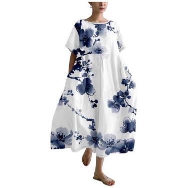 Imagem de Vestido MARSVOVO azul de linho para mulheres de verão, solto, 2GG