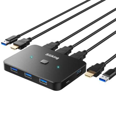 Imagem de Siliking Switch Kvm Hdmi 4K@60Hz Para 2 Computadores, 1 Monitor - Seletor Usb Com 4 Portas Usb 3.0 Para Teclado, Mouse, Impressora, Discos Rígidos Externos, Inclui 2 Cabos Usb E 2 Cabos Hdmi