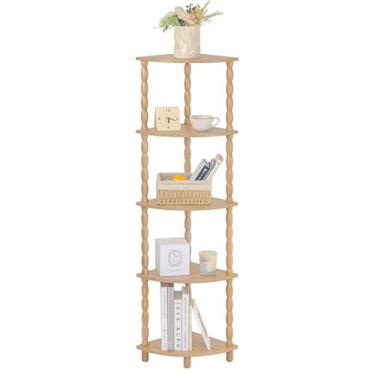 Imagem de MaxSmeo Estante de canto, suporte de prateleira de coner de 5 níveis, prateleiras modernas para plantas de canto com armazenamento, para quarto, banheiro, cozinha, sala de estar (nogueira áspera)