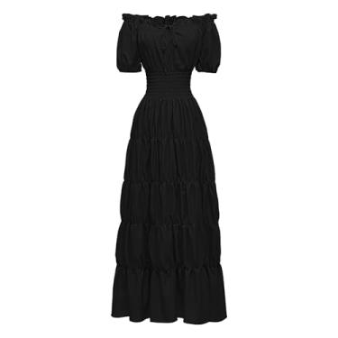 Imagem de Fantasia renascentista feminina medieval chemise vestido camponês top irlandês sob vestido maxi camadas longo vestidos cottagecore, Preto, GG
