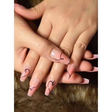 Imagem de Pregos de pressão rosa brilhante pré-design de comprimento médio caixão acrílico unhas postiças padrão de linha de unhas falsas kits de manicure