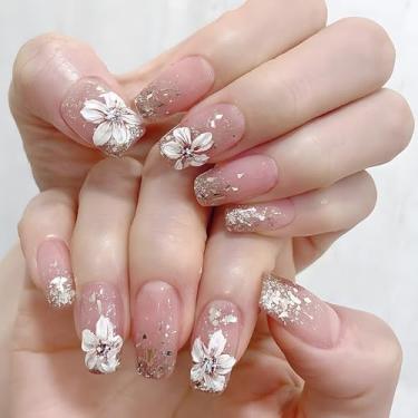 Imagem de Pregos de pressão de caixão médio francês glitter cola falsa em unhas com design de flor requintado cobertura completa bastão falso artificial em unha de acrílico para mulheres uso diário, 24 peças