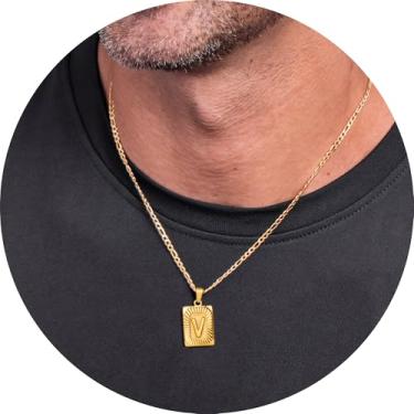 Imagem de Colar masculino com inicial, pingente de letra retangular de A a Z, corrente de aço inoxidável banhada a ouro, joia de monograma personalizada, 20in, Aço inoxidável, Sem Pedra Preciosa