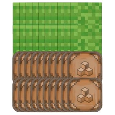 Imagem de Conjunto de artigos de festa para jogos Pixel – incluindo pratos de 23 cm e guardanapos de 16,5 cm para 20 convidados, decoração de festa de aniversário com tema Pixel Mining