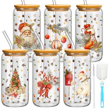 Imagem de Yetene Conjunto de 6 copos de Natal com tampa de bambu e canudo de vidro de 473 ml, copo vintage de Natal, cerveja, Papai Noel, copo de café gelado, canecas para mulheres, homens, festas, presentes de