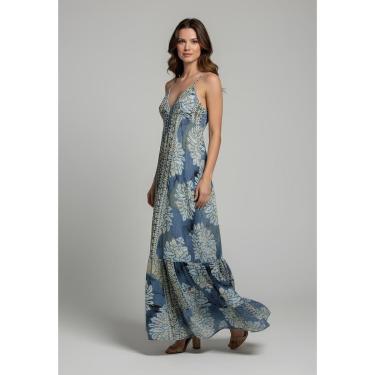 Imagem de Vestido Longo Indiano Azul Feminino Estampado Confortável Elegante-Feminino