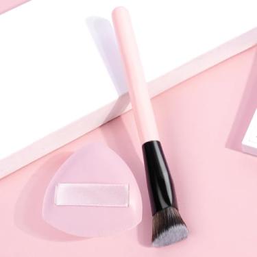 Imagem de Pincéis de maquiagem corretivo de precisão angular pincéis de maquiagem para creme, líquido, pó com puff de maquiagem, rosa e preto