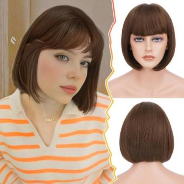 Imagem de Peruca BARSDAR, curta, marrom, com franja, 30 cm, sintética, feminina