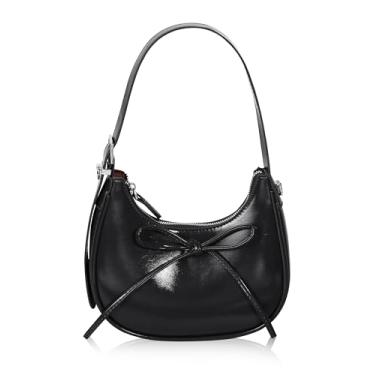 Imagem de Popizard Bolsa de ombro feminina – Bolsa clutch com laço de couro PU, bolsa transversal de corrente removível com fecho de zíper, Preto