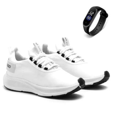 Imagem de Tenis Masculino Academia Corrida Treino Esportivo Caminhada Confortavel e Leve + Relógio Digital (Branco, BR, Adulto, Numérico, 38)