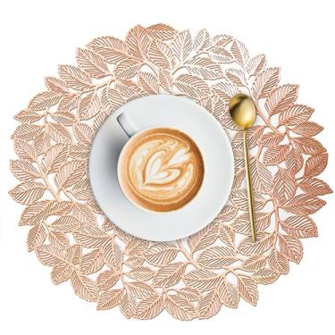 Imagem de Conjunto de 4 jogos americanos de folha dourada – tapetes de mesa redondos metálicos resistentes ao calor, à prova d'água e limpável, jogo americano de jantar de vinil para cozinha, casamento e